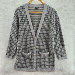 Talbots Cardigan Gray‎ Black Pure Merino Wool Tweed Knit Sweater Medium Petite